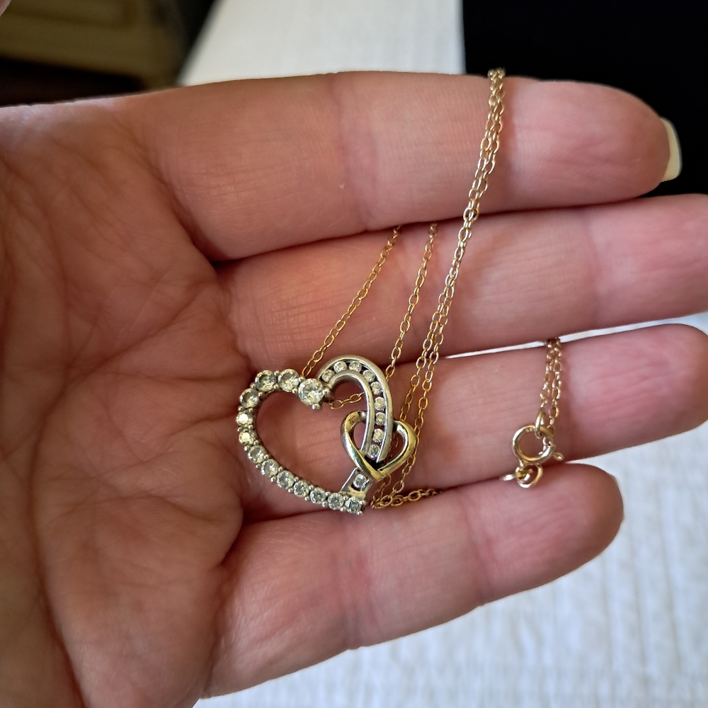 Vintage Sterling Silver & 10K Yellow Gold Double Heart Pendant Graduated Stones